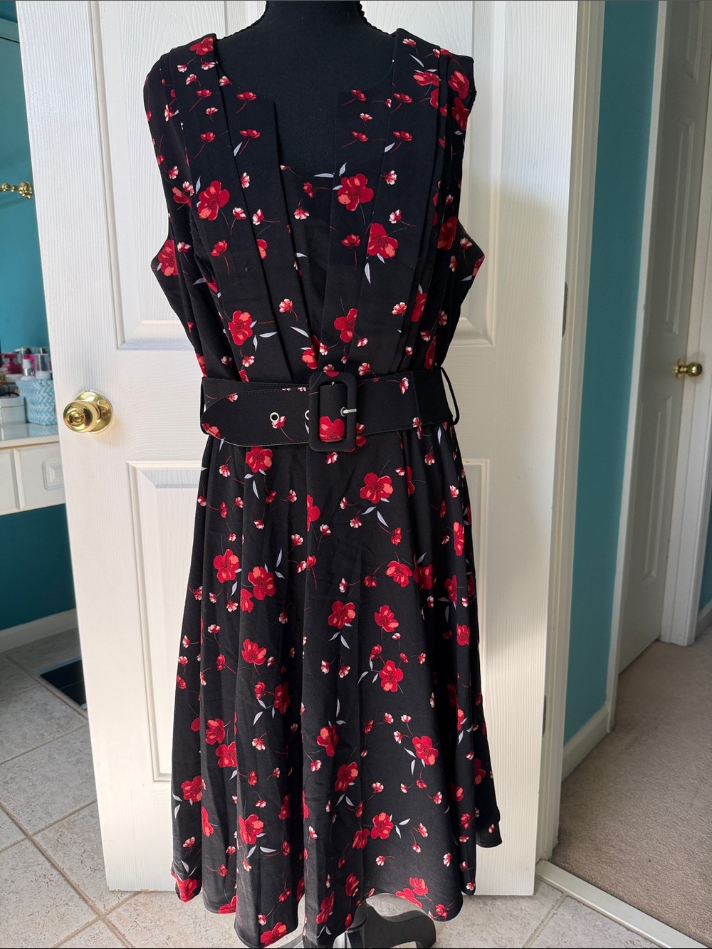 City Chic Black Belted Dress with Red Floral Print